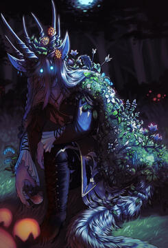 an illustration of sohna&#39;s &quot;bad ending,&quot; where they&#39;ve turned into a plant monster who haunts the forest. created by lupis (bravura.bsky.social)