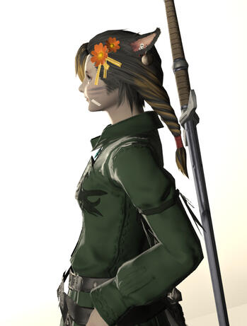 sohna, seen in profile from the left from the waist up, with her thumbs hooked in her belt loops. she's wearing a long-sleeve green tunic and there's a huge sword strapped to her back. orange flowers are tucked in her hair.