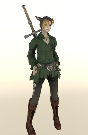 a full-length portrait of sohna in her dark knight glamour - green tunic, gray leggings with white heart detail, knee-high brown boots, and a slender greatsword across her back