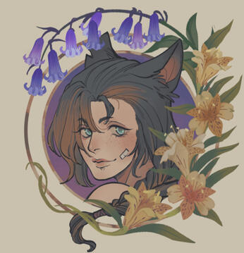 a portrait of sohna surrounded by flowers, by wick (wicksandwheat.bsky.social) a portrait of sohna surrounded by flowers, by wick (wicksandwheat.bsky.social)