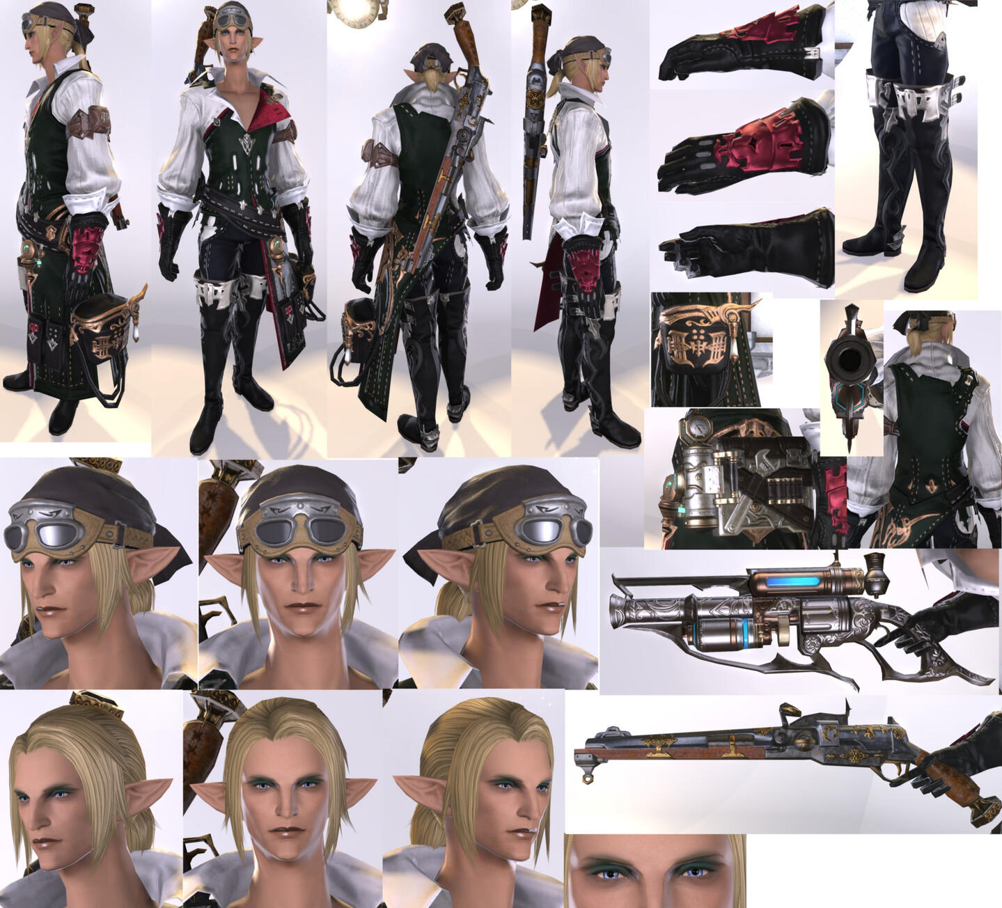 various views of stephanivien from final fantasy xiv, including detailed looks at his accessories and face